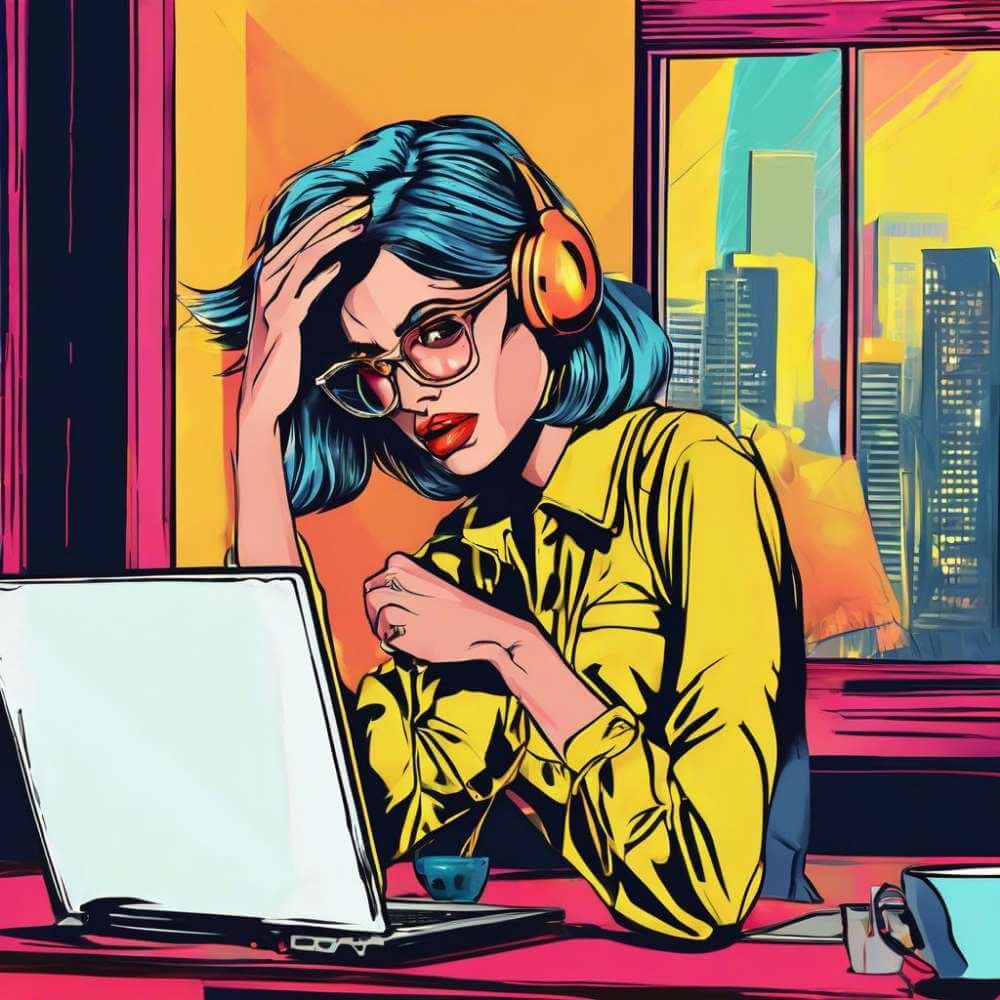 Cityscape Focus Balancing Work And Creativity Woman with blue hair focusing on laptop in vibrant modern workspace with city skyline.