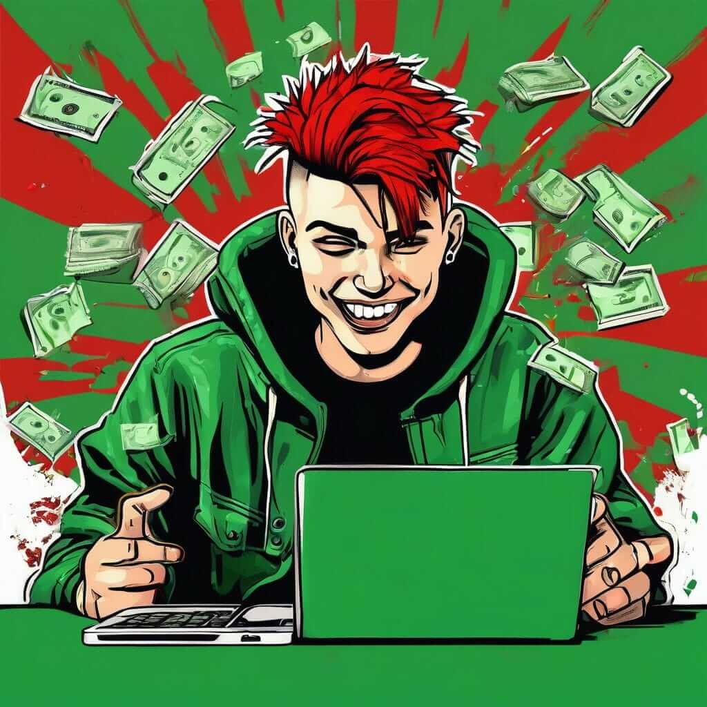 Digital Success Youthful Entrepreneurial Triumph Young entrepreneur smiling at laptop, surrounded by colorful rays and floating dollar bills.