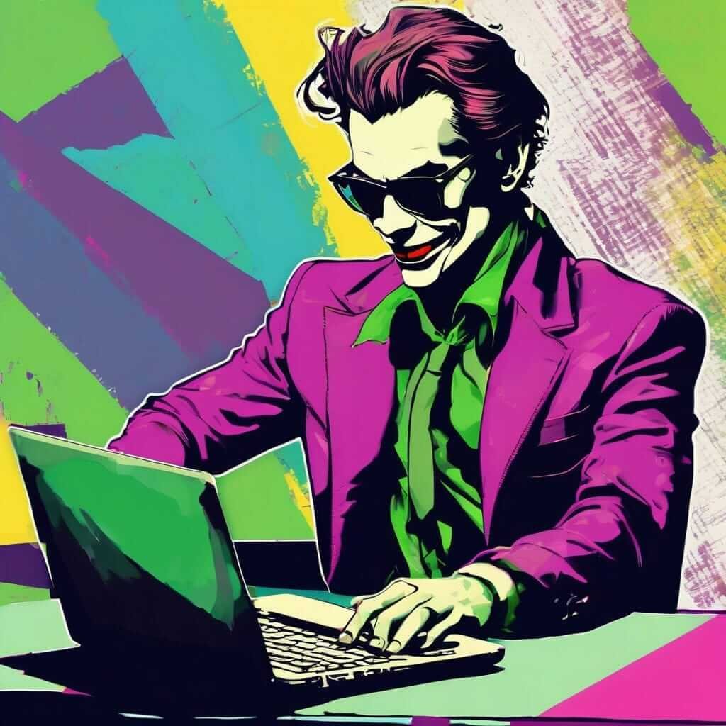 Man's Digital Chaos Tech Meets Madness Man in vibrant suit uses laptop amid colorful chaos, blending comic flair with digital intrigue.