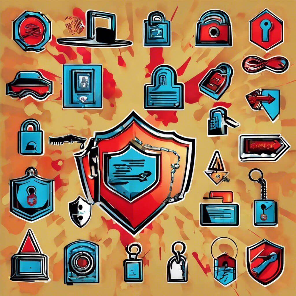 Vibrant Security Symbols On Dynamic Background Colorful security icons with a shield, locks, and keys on a splatter-painted background.