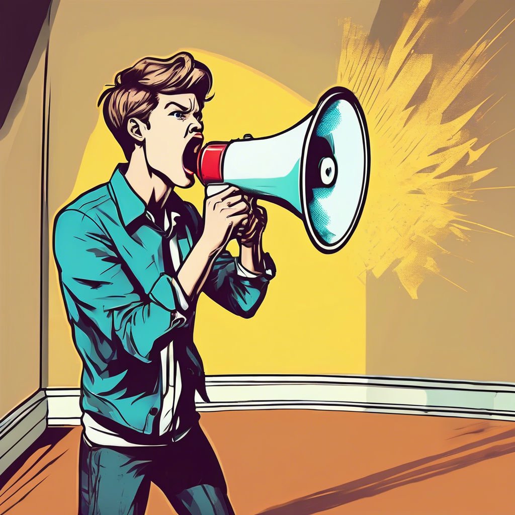 Amplifying Voices A Call To Action Young man passionately shouting into a megaphone, emphasizing urgency and advocacy indoors.