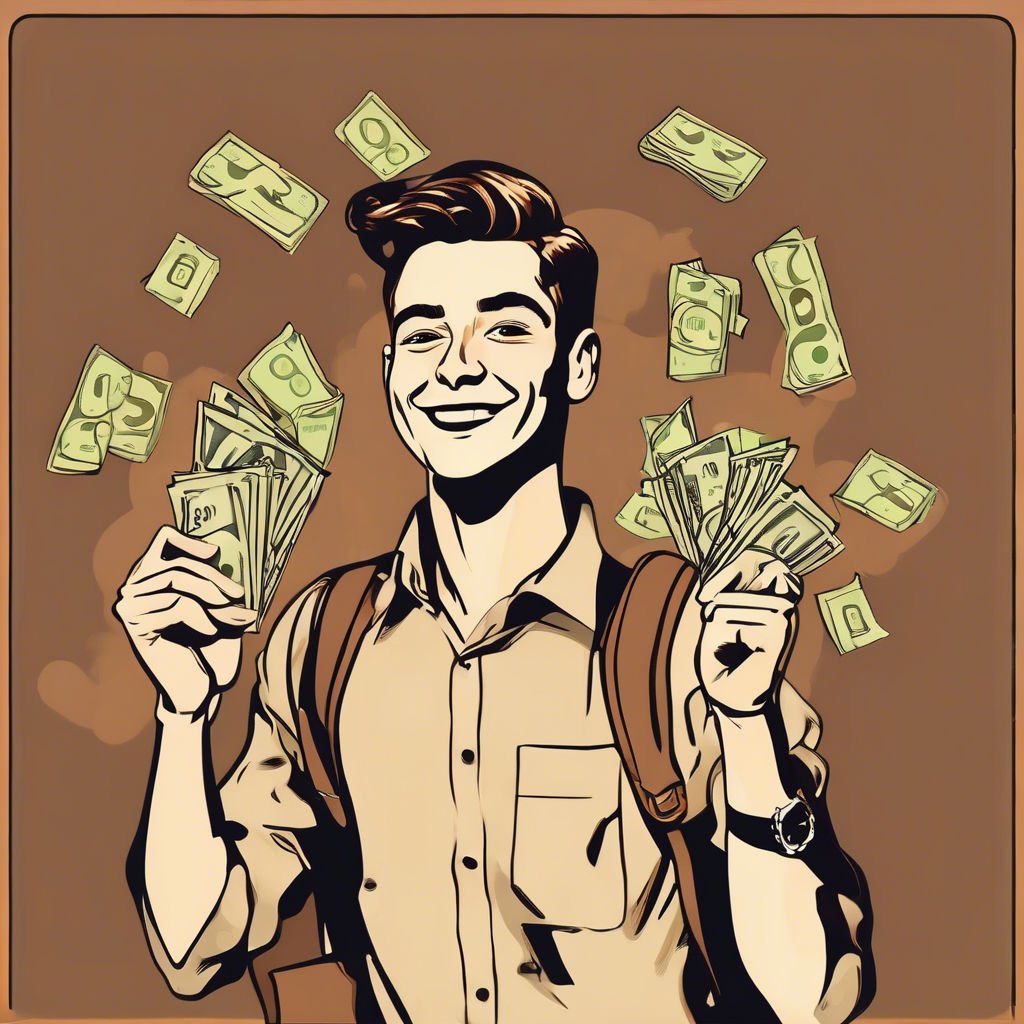 Cashing In On Success And Ambition Young man celebrating wealth with floating cash, symbolizing financial success and freedom.