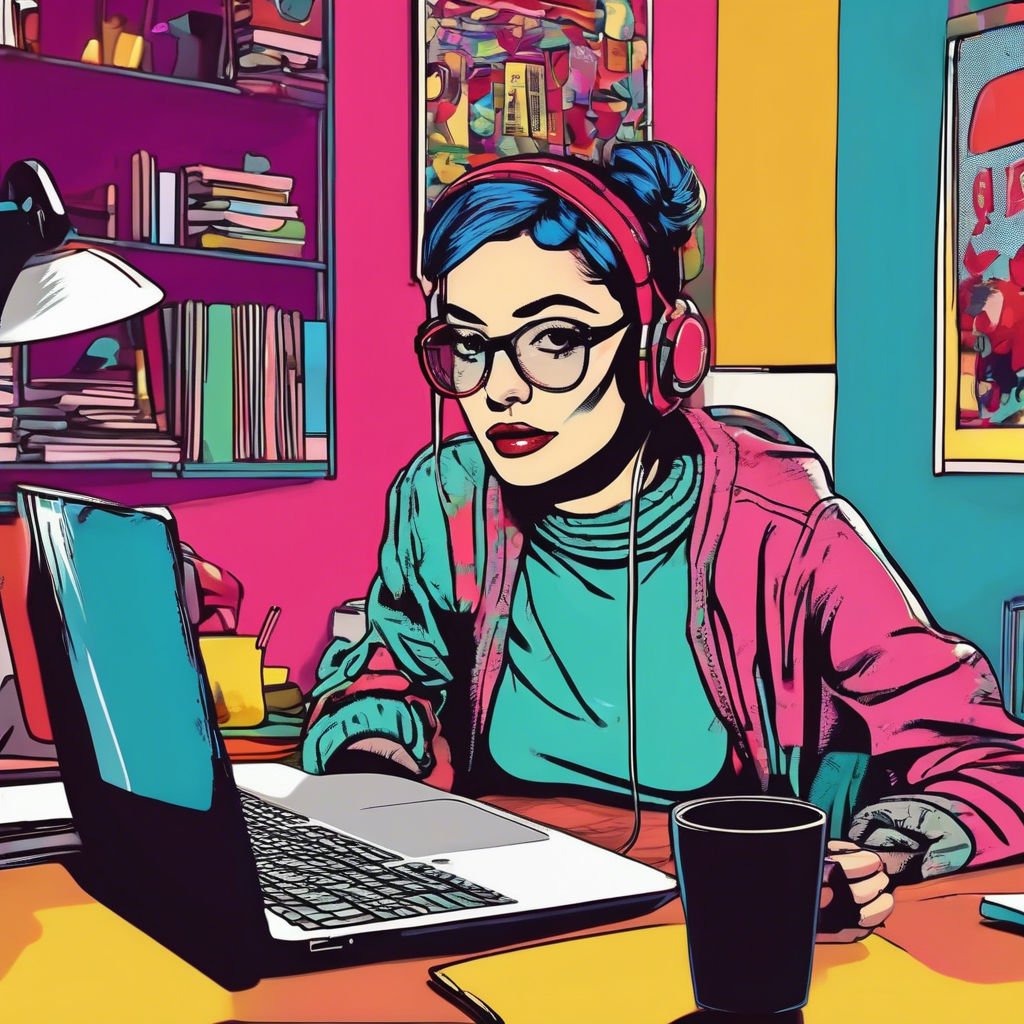 Creative Workspace Focused Woman At Colorful Desk Young woman working on laptop in colorful, creative home office with coffee.