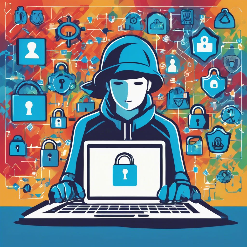 Cyber Guardian Navigating The Digital Frontier Hacker in hoodie amidst digital security symbols, illustrating cybersecurity challenges.