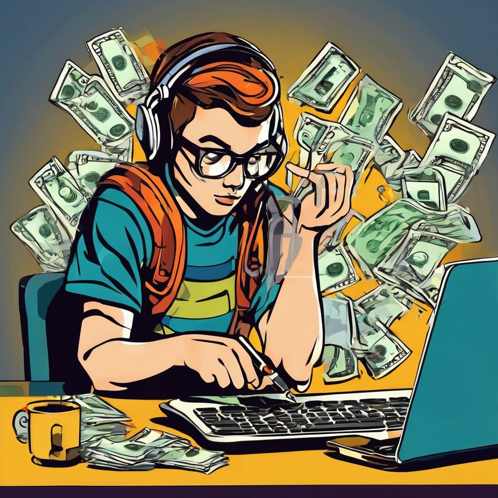 Digital Dreams Youthful Ambition And Online Success Young boy focused on laptop, vibrant backdrop, digital entrepreneurship, headphones, dollar bills.