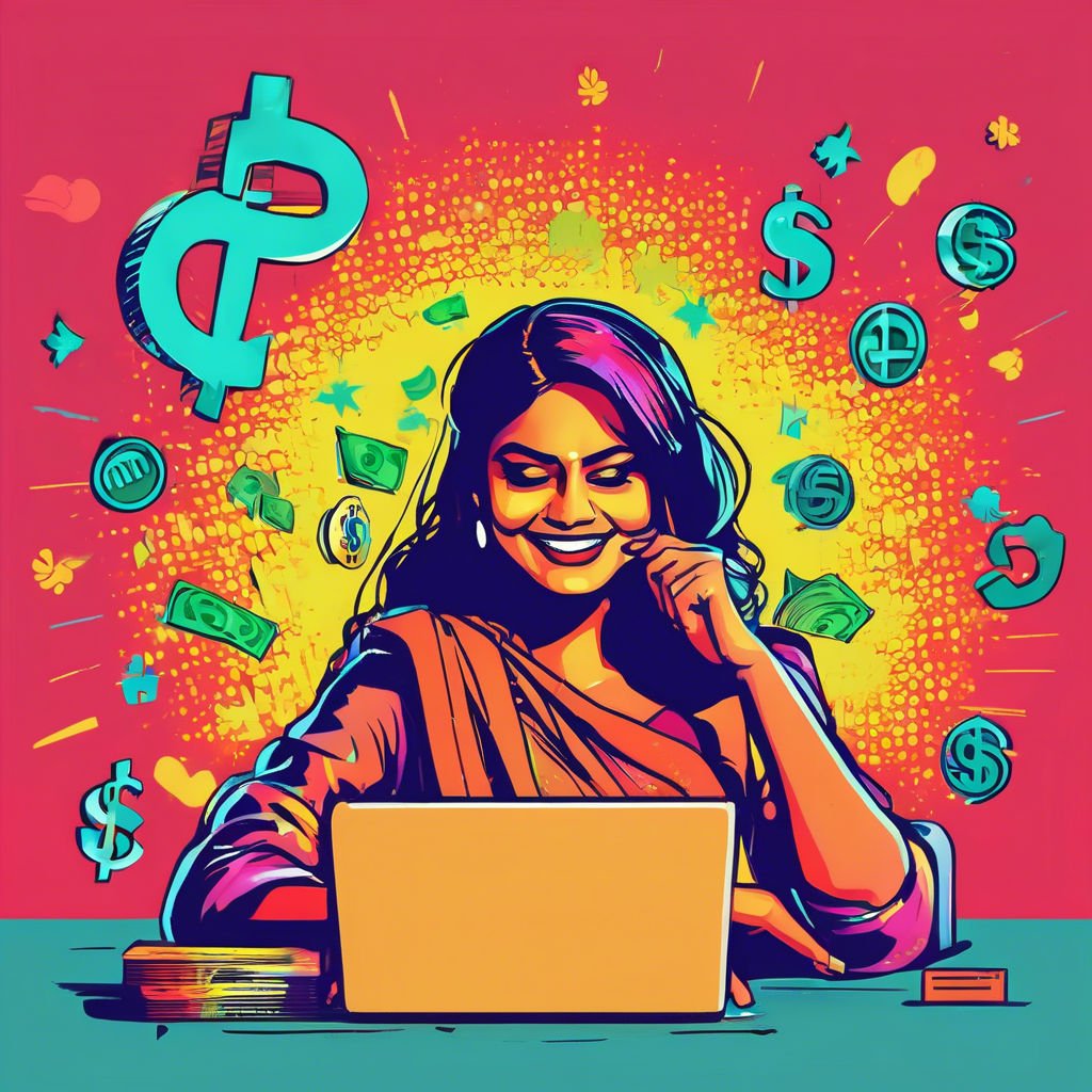 Digital Empowerment Success In The Online Economy Young woman at desk focusing on laptop, surrounded by finance symbols and vibrant colors.