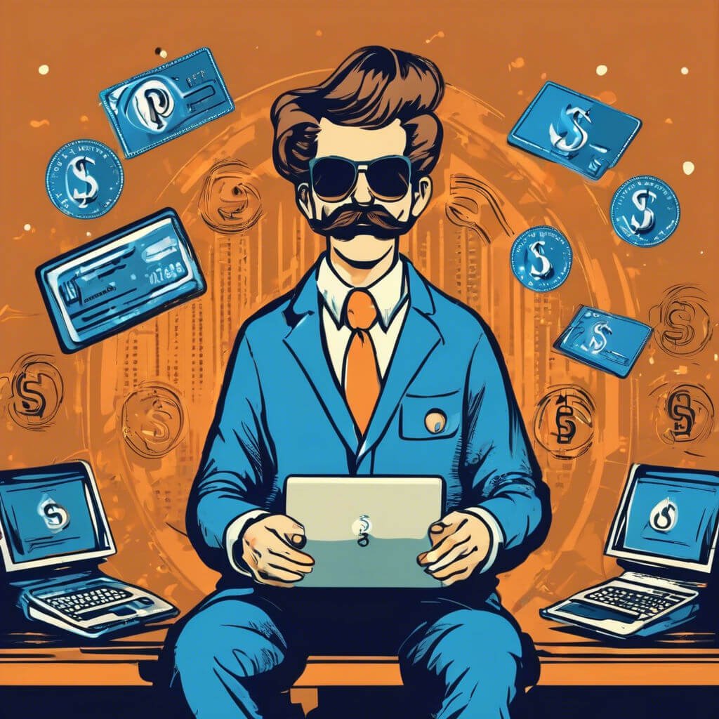 Digital Finance Genius Mastering Modern Financial Markets Modern financial guru surrounded by tech devices, showcasing digital finance and entrepreneurial success.