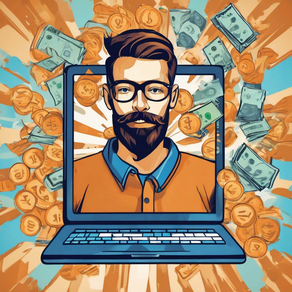 Digital Success Wealth Through Online Entrepreneurship Freelancer using laptop for financial success with money symbols, orange shirt, and glasses.