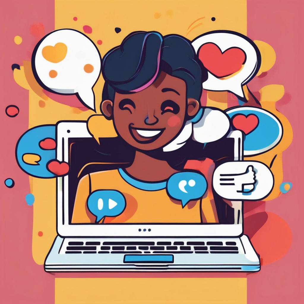 Embracing Connection In The Digital Age Cheerful young person online, positive interaction with speech bubbles on pastel background.