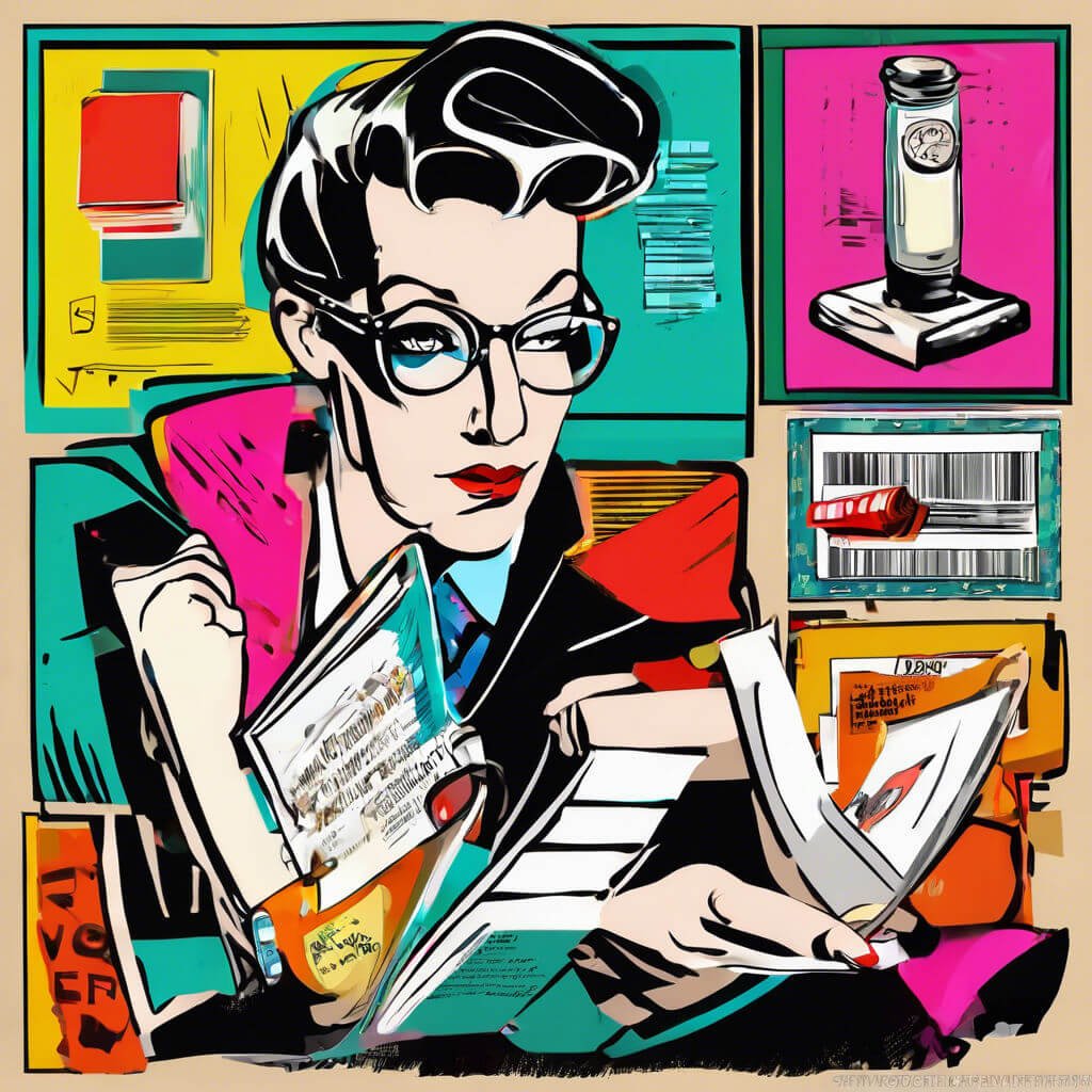 Empowered Reader Pop Art Professionalism Stylized woman reading, vibrant pop art, intellectual focus, office setting, retro-modern style.