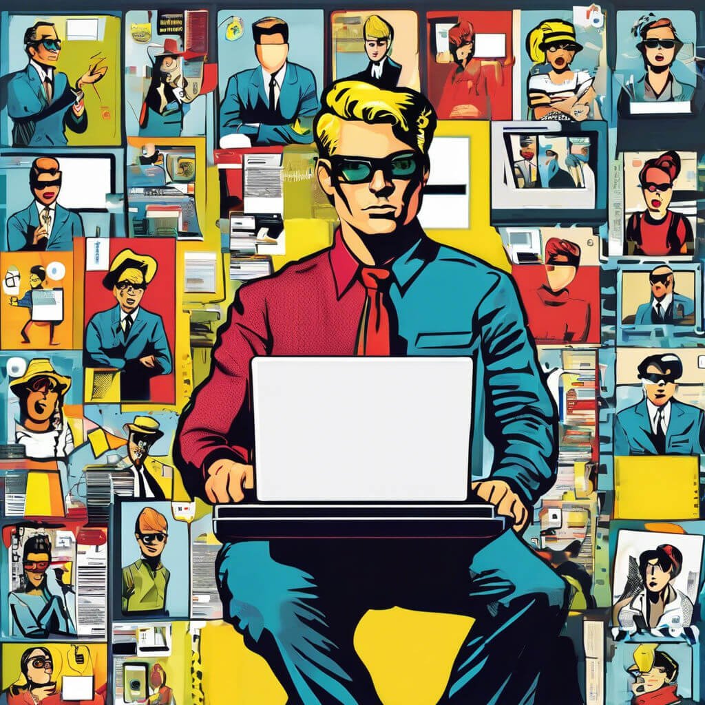 Navigating Digital Identity In A Retro Modern World Young man in vibrant attire engaged with digital interfaces, highlighting online communication and identity.