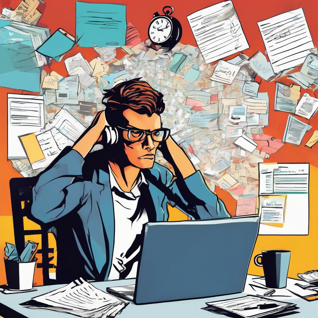 Overwhelmed At Work The Modern Stress Struggle Stressed worker overwhelmed by paperwork at chaotic desk, embodying work-related anxiety and deadlines.