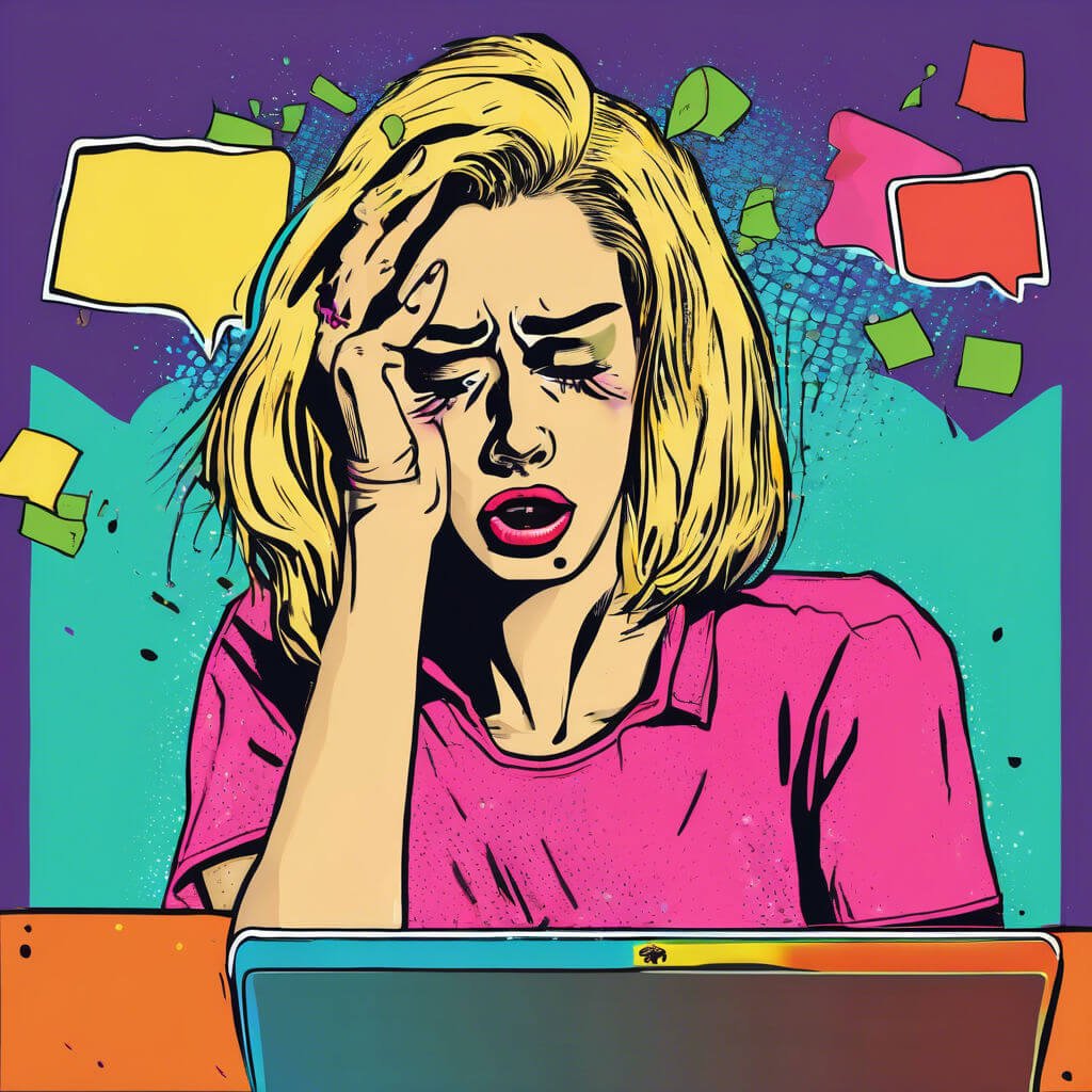 Overwhelmed By Digital Chaos Modern Stress Illustrated Young woman overwhelmed by thoughts and stress at a laptop, surrounded by colorful speech bubbles.