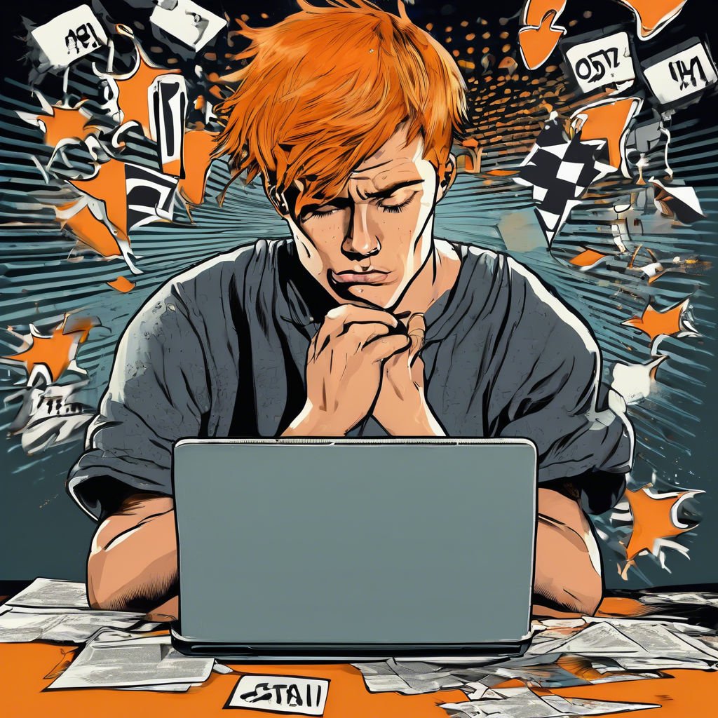 The Struggle Of Creativity And Focus Young man focused on laptop, surrounded by floating papers, deep in thought and frustration.